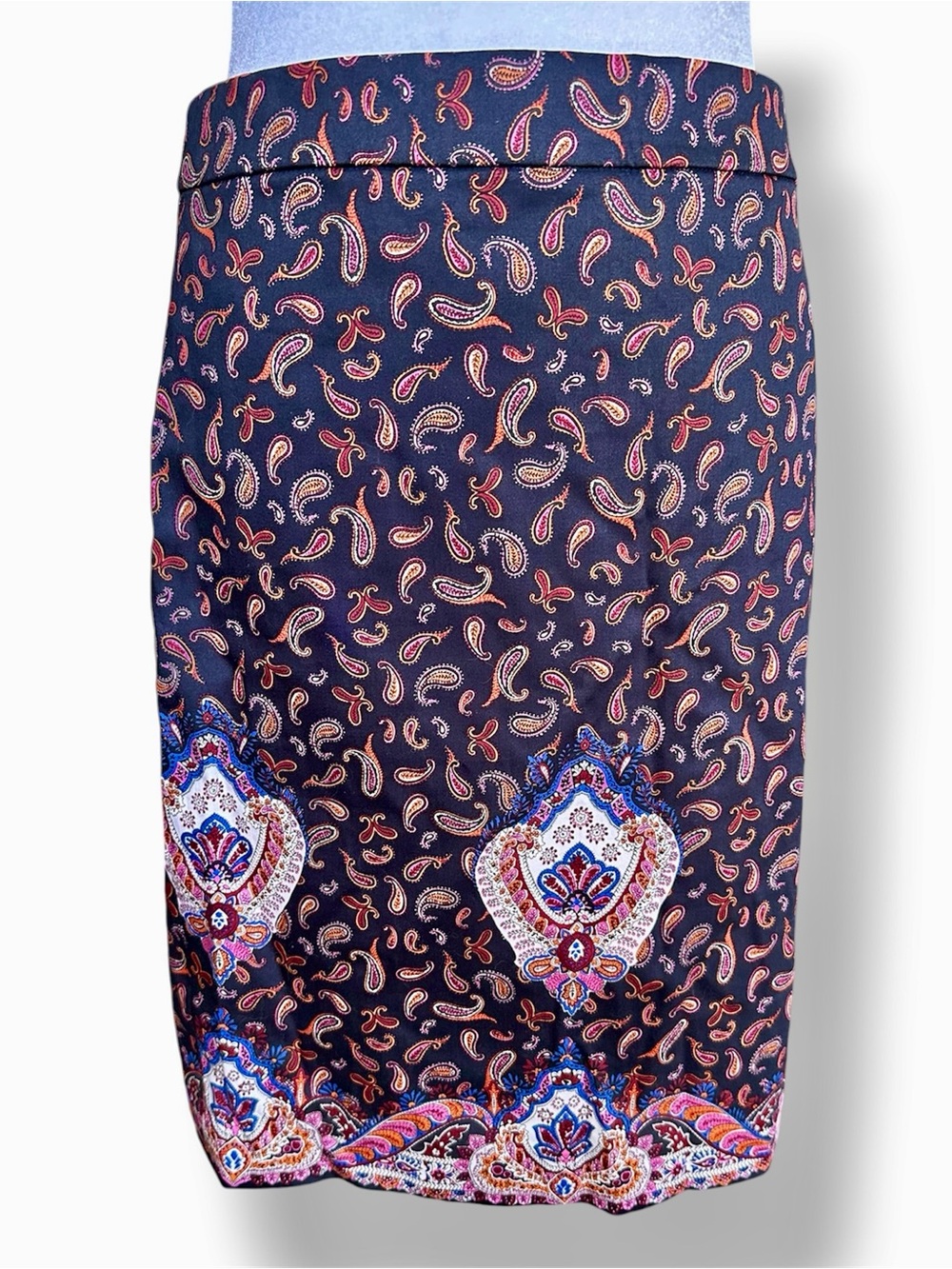 J. Crew Black Pencil Skirt with Paisley Trim and Print Size 2